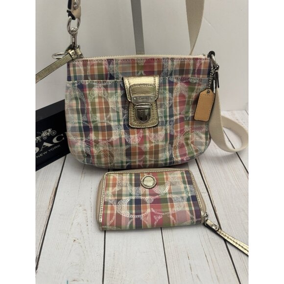 Coach Poppy Madras Sequined Pink Canvas Crossbody With Matching Wallet 9x7” EUC - Picture 1 of 7